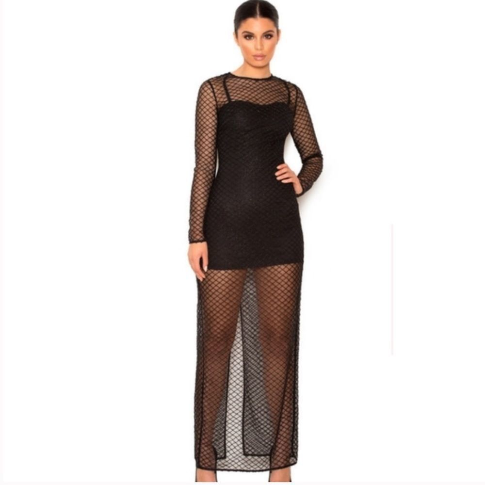 NWT House of CB Black Crystal Fishnet Maxi Dress